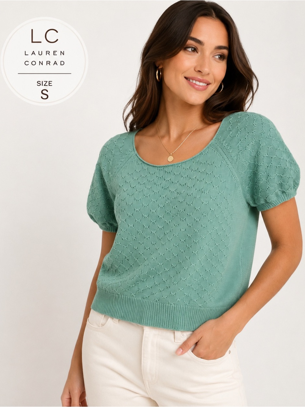 LC Lauren Conrad Green Textured Knit Puff Sleeve Sweater Top textured knit/S